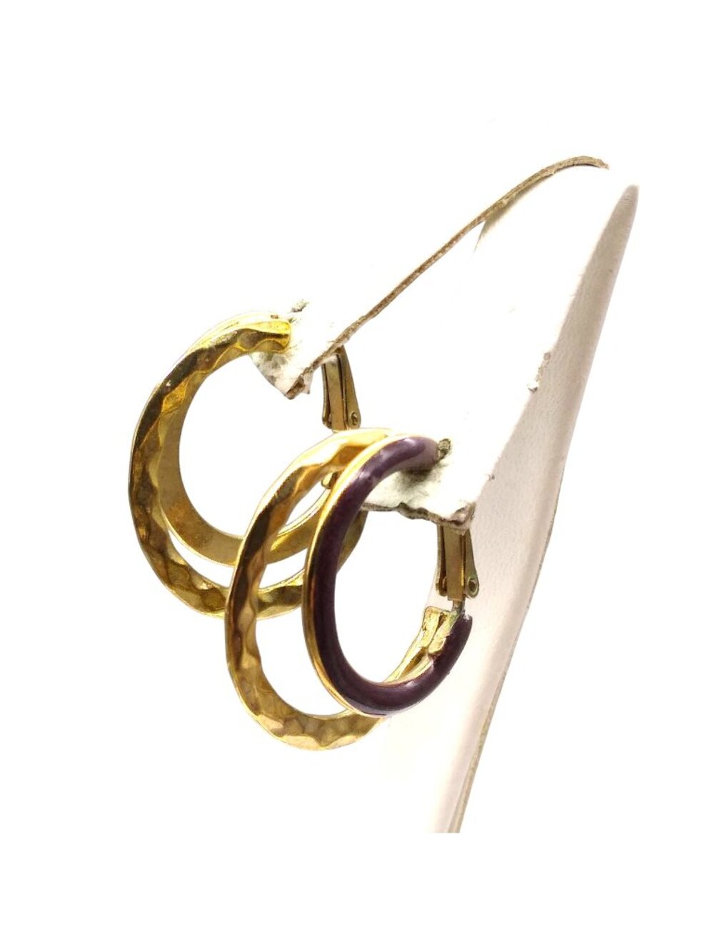 Vintage Enamel Double Hoop Earrings, Hammered Gold Tone and Plum Purple